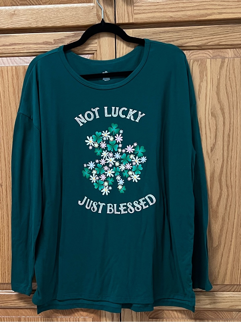 Way To Celebrate! Not Lucky Just Blessed Green Long-Sleeve Women's Tee, Size XXL